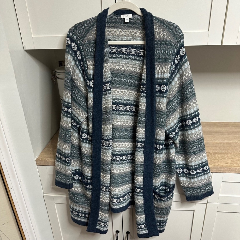 J. Jill Cardigan Sweater Womens 2X Fair Isle Open Front Longline Duster Nordic